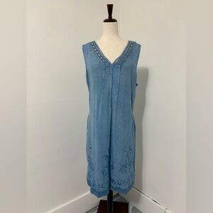 Raya Sun Blue Palm Tree Embroidered Cotton Rayon Sheath Dress Sz 1X